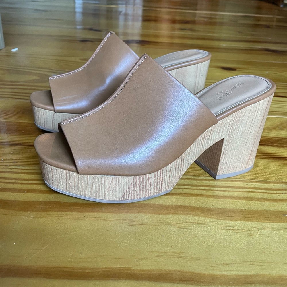 Tan Block Heel Wedge Sandals